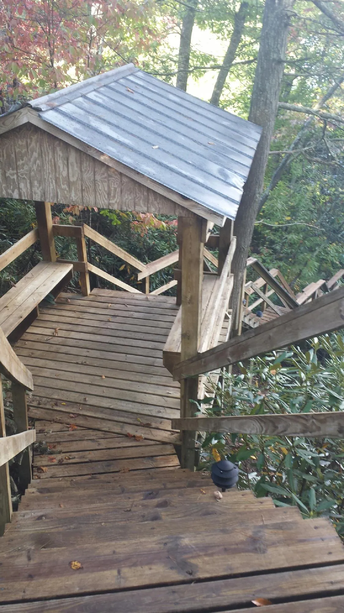 Metal roofed shelter over wooden steps on a wooded walkway — Skylight Repair & Installation work by our crew in Osceola